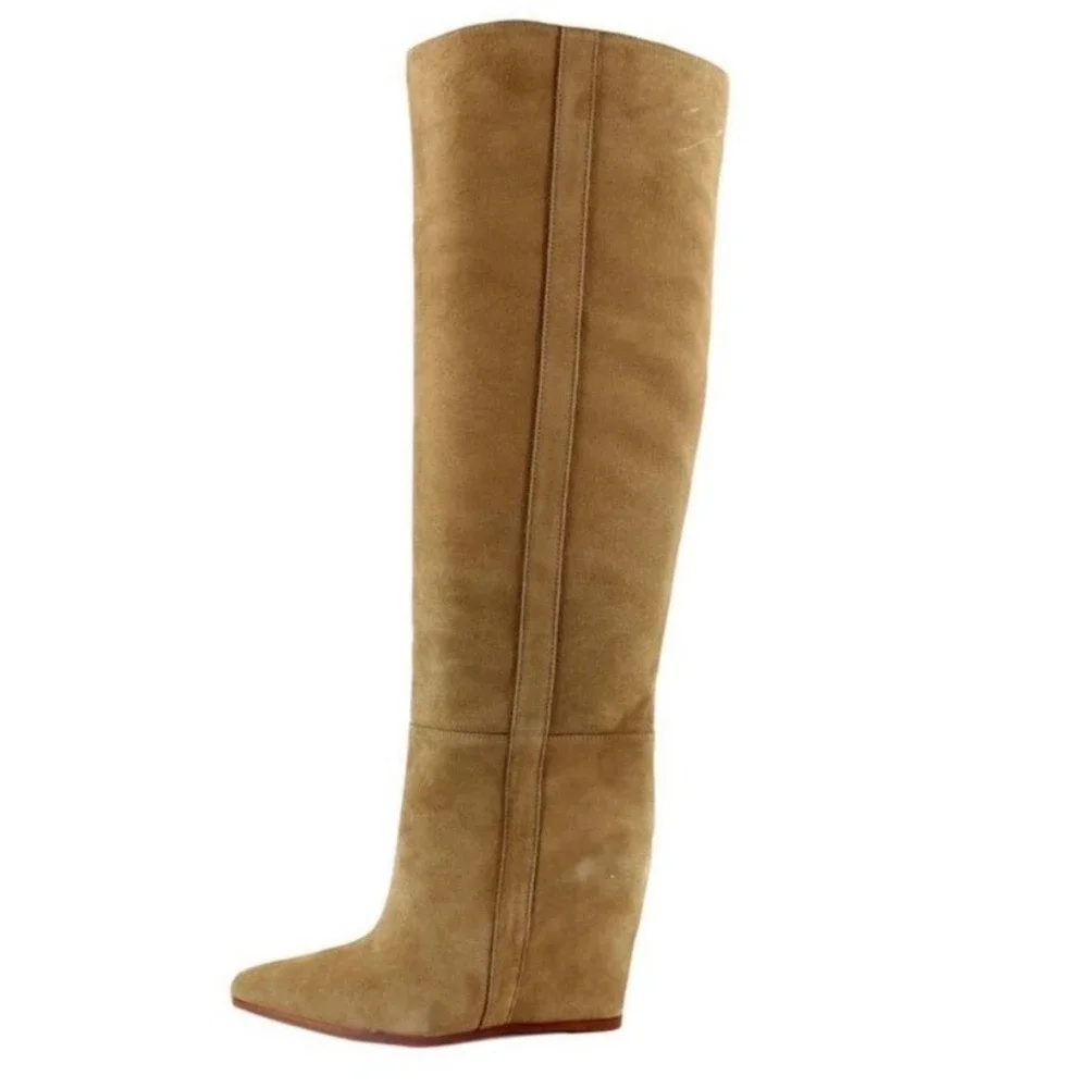 Vince Camuto Tiasie Over‎ Knee Boots Tan Suede Wedge Wmn 5.5 Pointed Toe Euro
